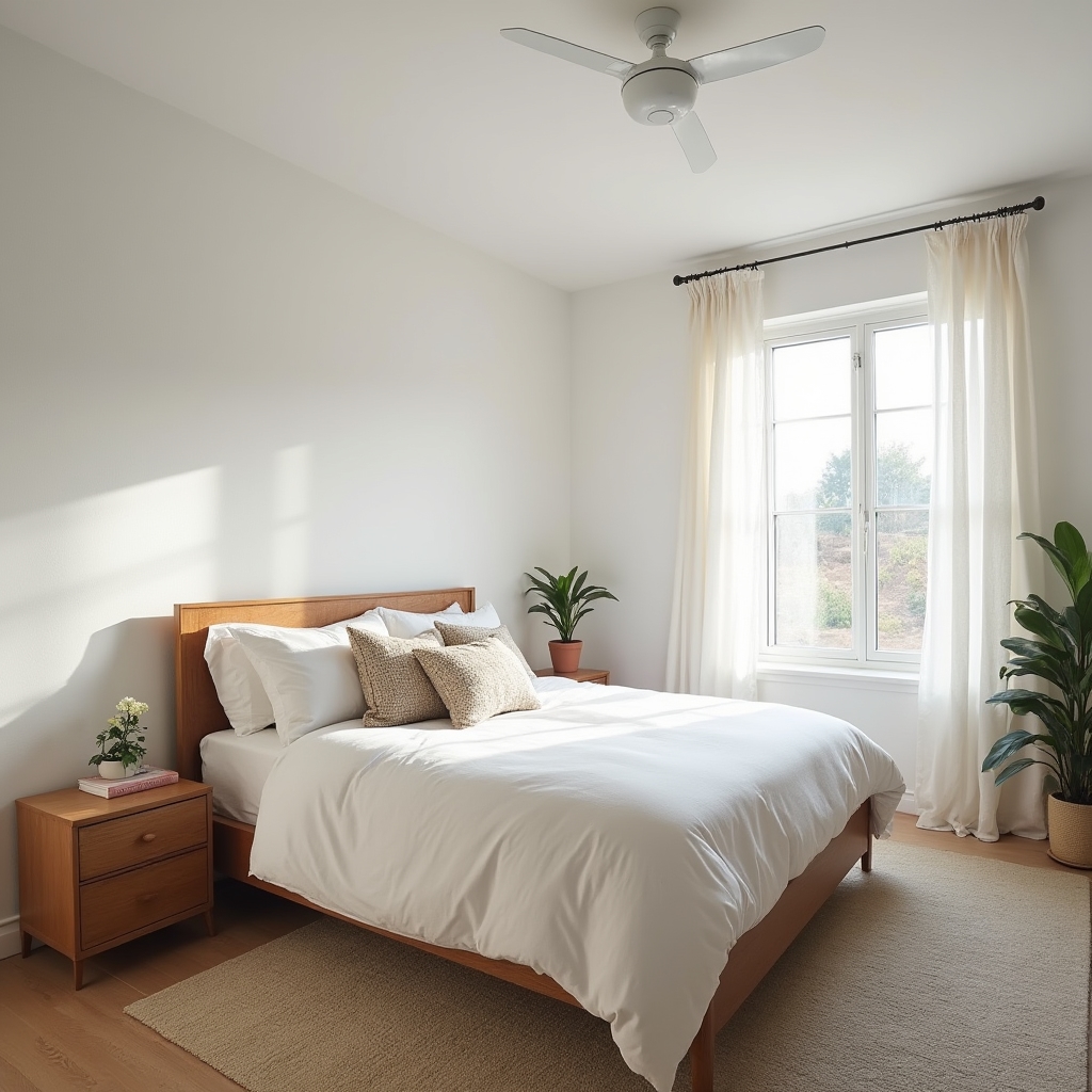 Professionally photographed bright, well-lit bedroom with corrected perspective and natural light