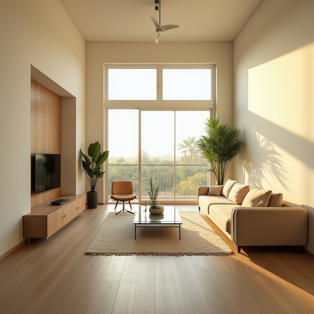 Professionally photographed bright living room with natural light and corrected wide-angle perspective