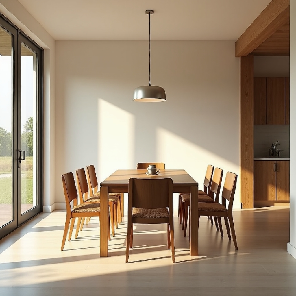 Dining room photograph with beautifully balanced natural light from large windows, warm tones, no harsh shadows or flash reflections