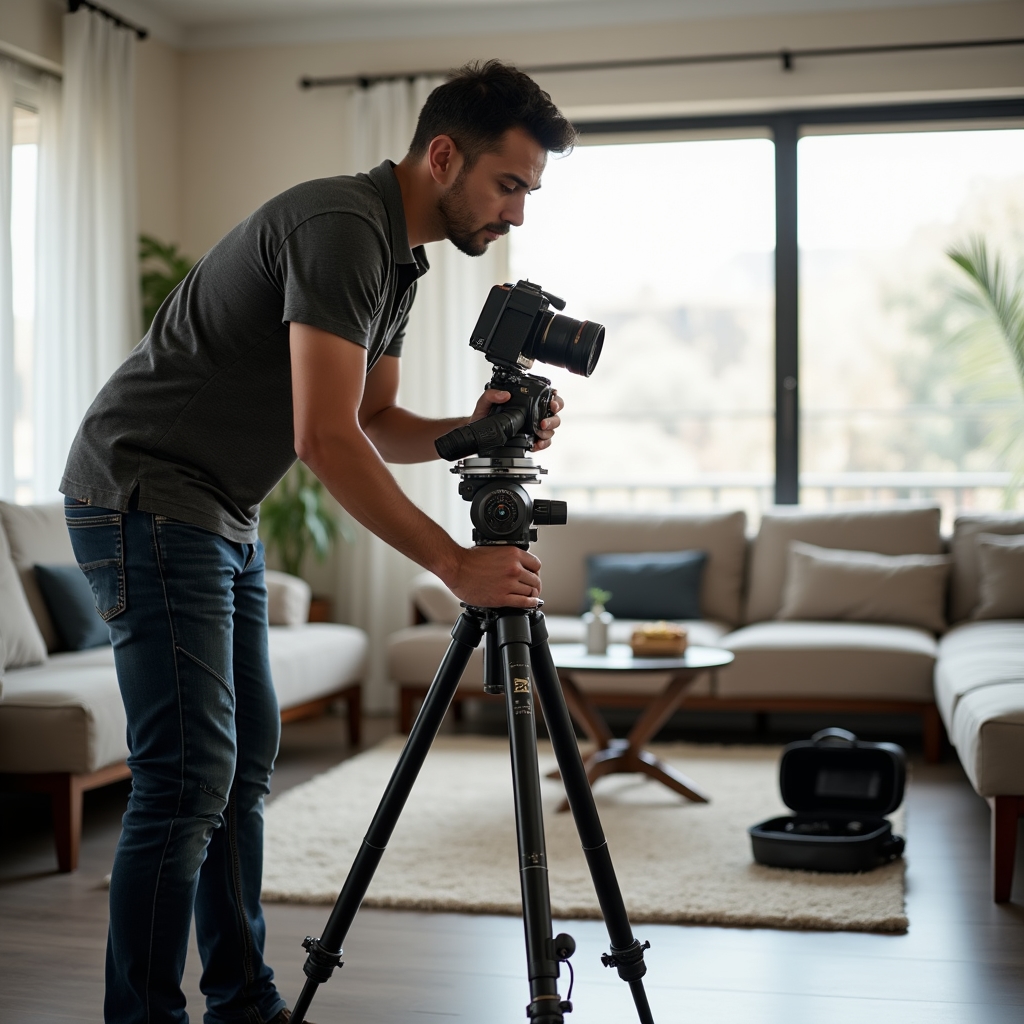 Professional photographer setting up wide-angle camera in a well-lit Paraguayan apartment living room