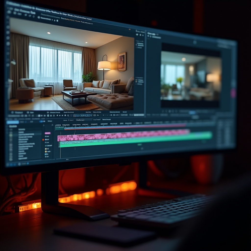 Video editor working on a short real estate walkthrough video formatted for vertical social media, showing a bright modern interior on screen