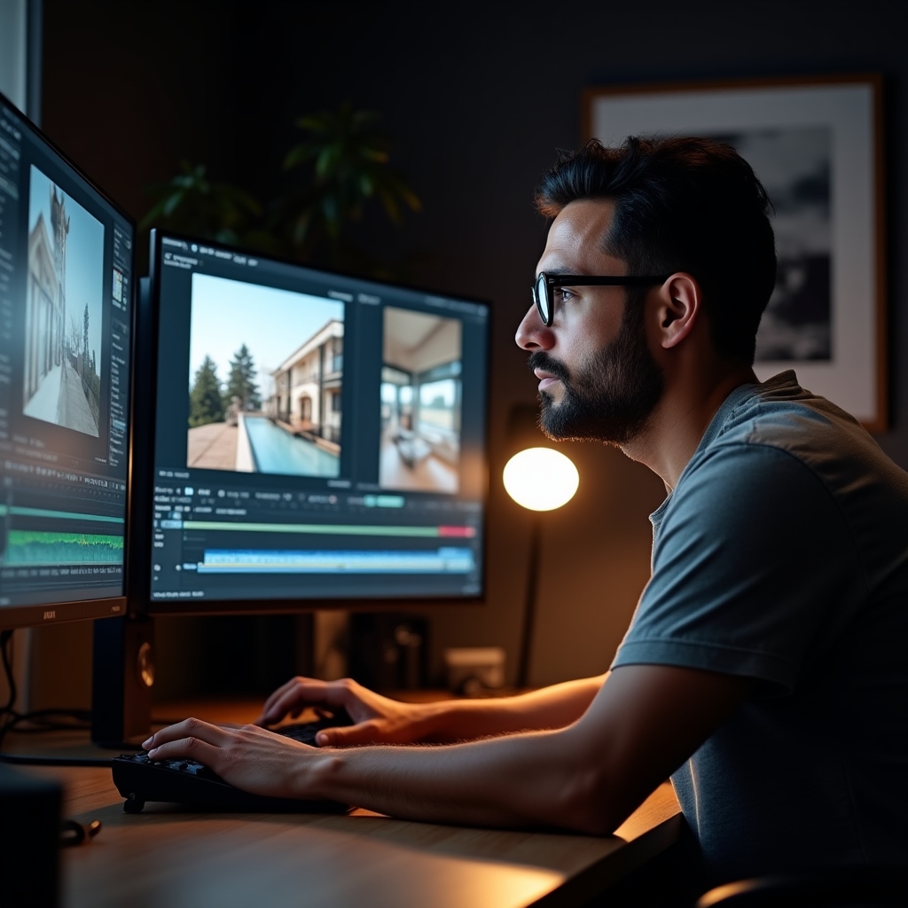 Photo and video editor working at a dual-monitor editing workstation with real estate images displayed on screen