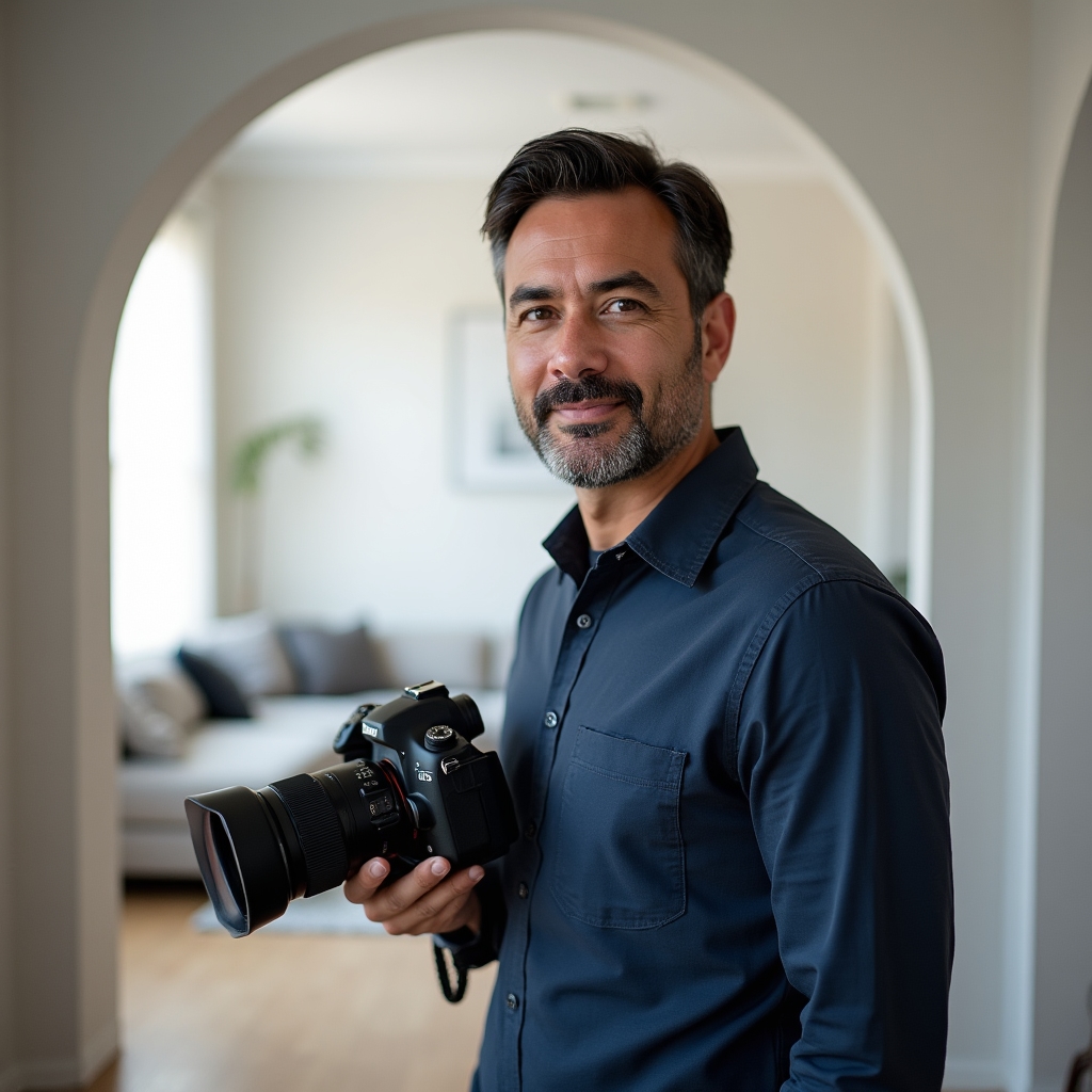 Lead real estate photographer in professional attire reviewing images on a camera in a well-lit property interior