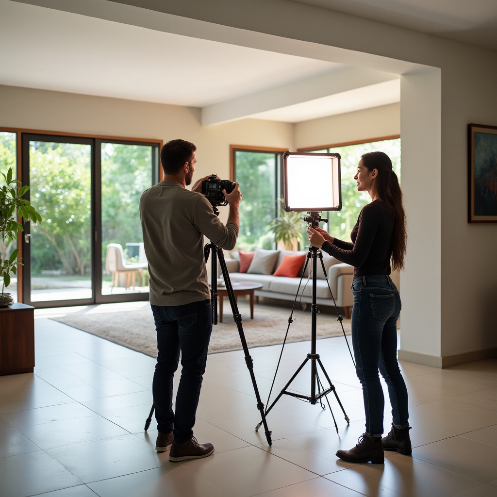 Photography team on location at a Paraguayan residential property, setting up lighting equipment in a spacious room