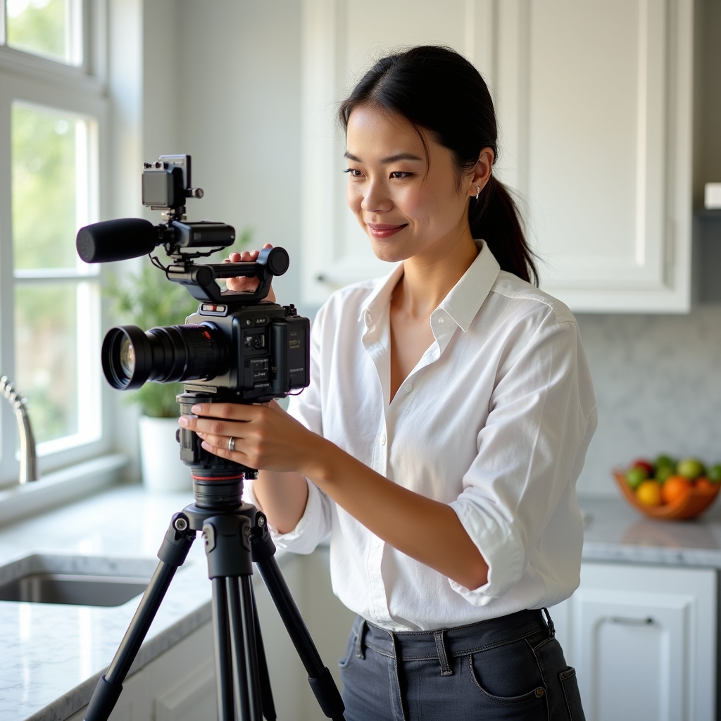 Video specialist setting up a camera on a tripod in a bright modern kitchen for a real estate video walkthrough
