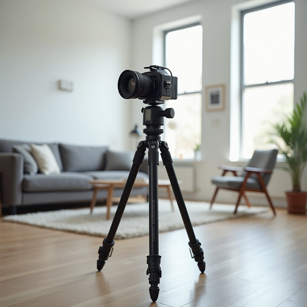 360 degree camera mounted on a tripod in the center of a bright, modern living room, capturing the full panoramic view for a virtual tour