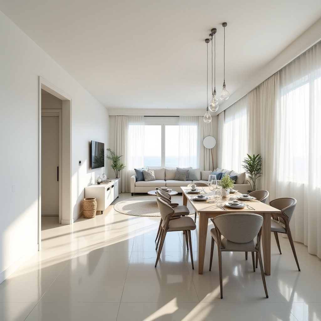 Wide-angle interior photograph of a spacious living room with correct perspective, natural light streaming through large windows